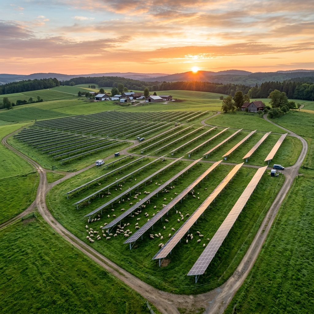 Aerial view of agrivoltaic farm with solar panels and green pastures